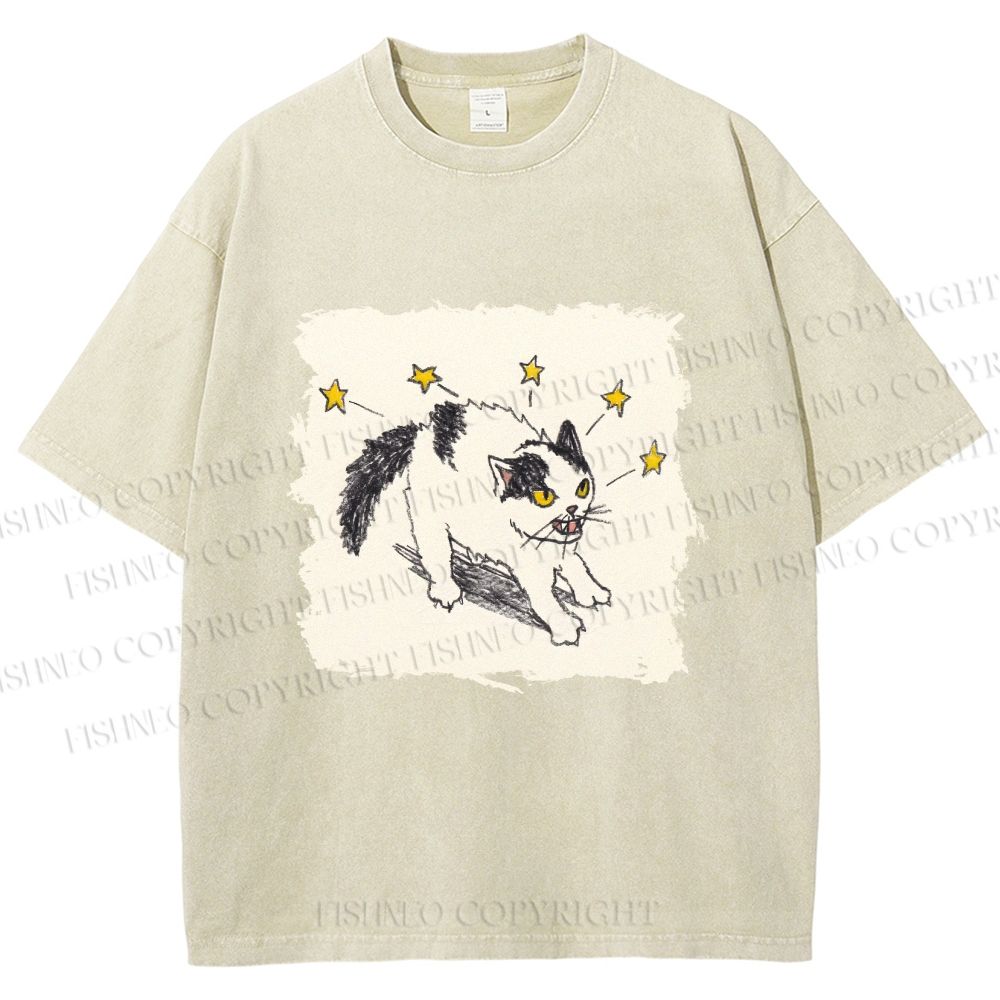 Unisex Spooky Cat Stars Printed Washed Tee