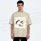 Unisex Spooky Cat Stars Printed Washed Tee