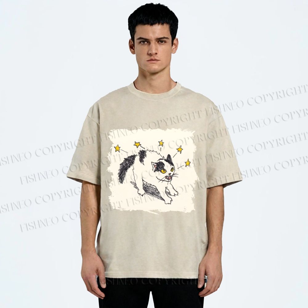 Unisex Spooky Cat Stars Printed Washed Tee