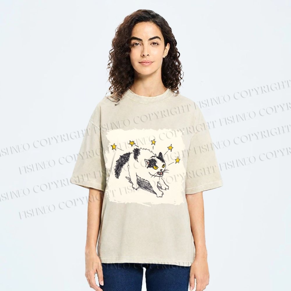 Unisex Spooky Cat Stars Printed Washed Tee