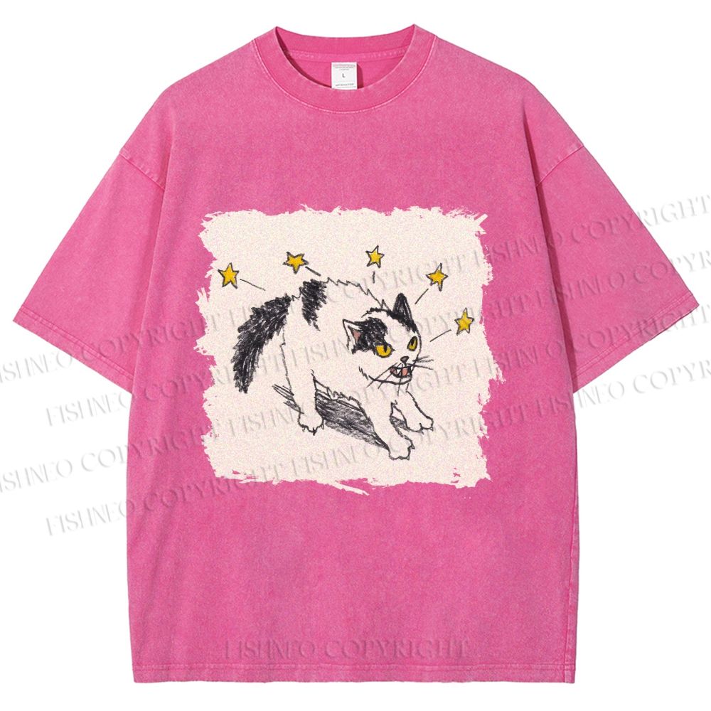 Unisex Spooky Cat Stars Printed Washed Tee