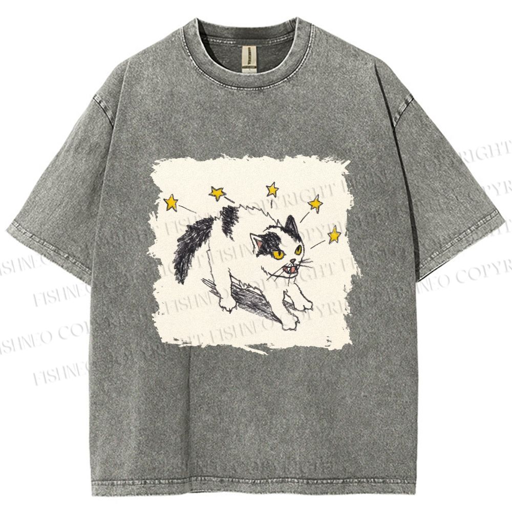 Unisex Spooky Cat Stars Printed Washed Tee