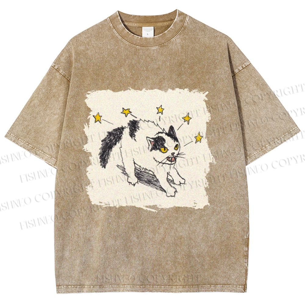 Unisex Spooky Cat Stars Printed Washed Tee