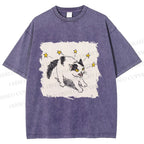 Unisex Spooky Cat Stars Printed Washed Tee