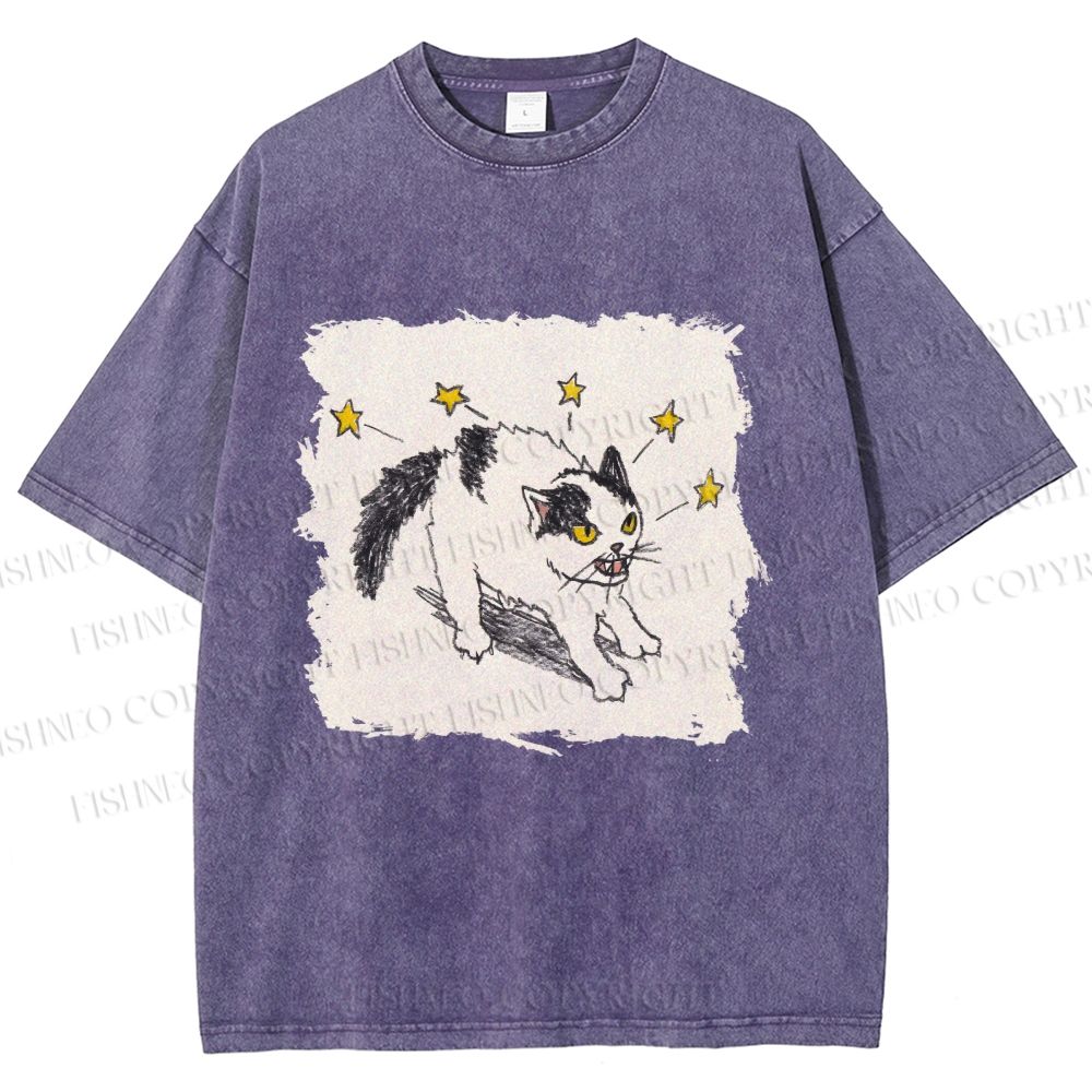 Unisex Spooky Cat Stars Printed Washed Tee