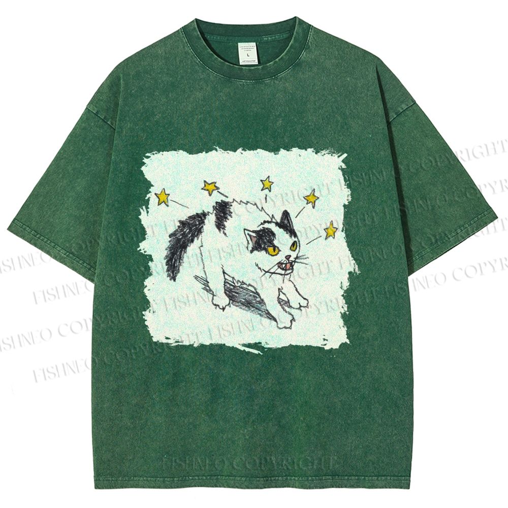 Unisex Spooky Cat Stars Printed Washed Tee