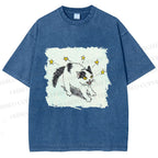 Unisex Spooky Cat Stars Printed Washed Tee