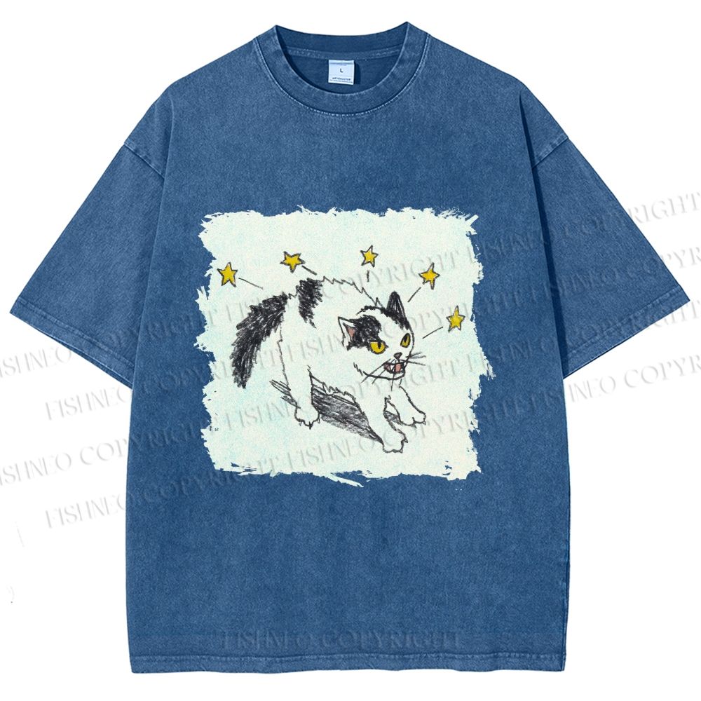 Unisex Spooky Cat Stars Printed Washed Tee