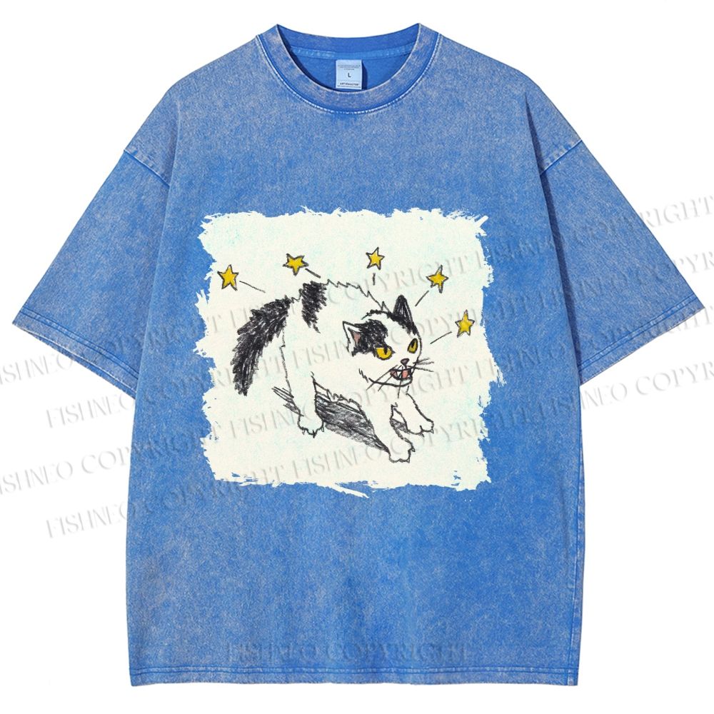 Unisex Spooky Cat Stars Printed Washed Tee