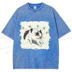 Unisex Spooky Cat Stars Printed Washed Tee