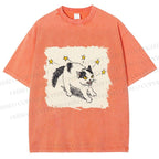 Unisex Spooky Cat Stars Printed Washed Tee