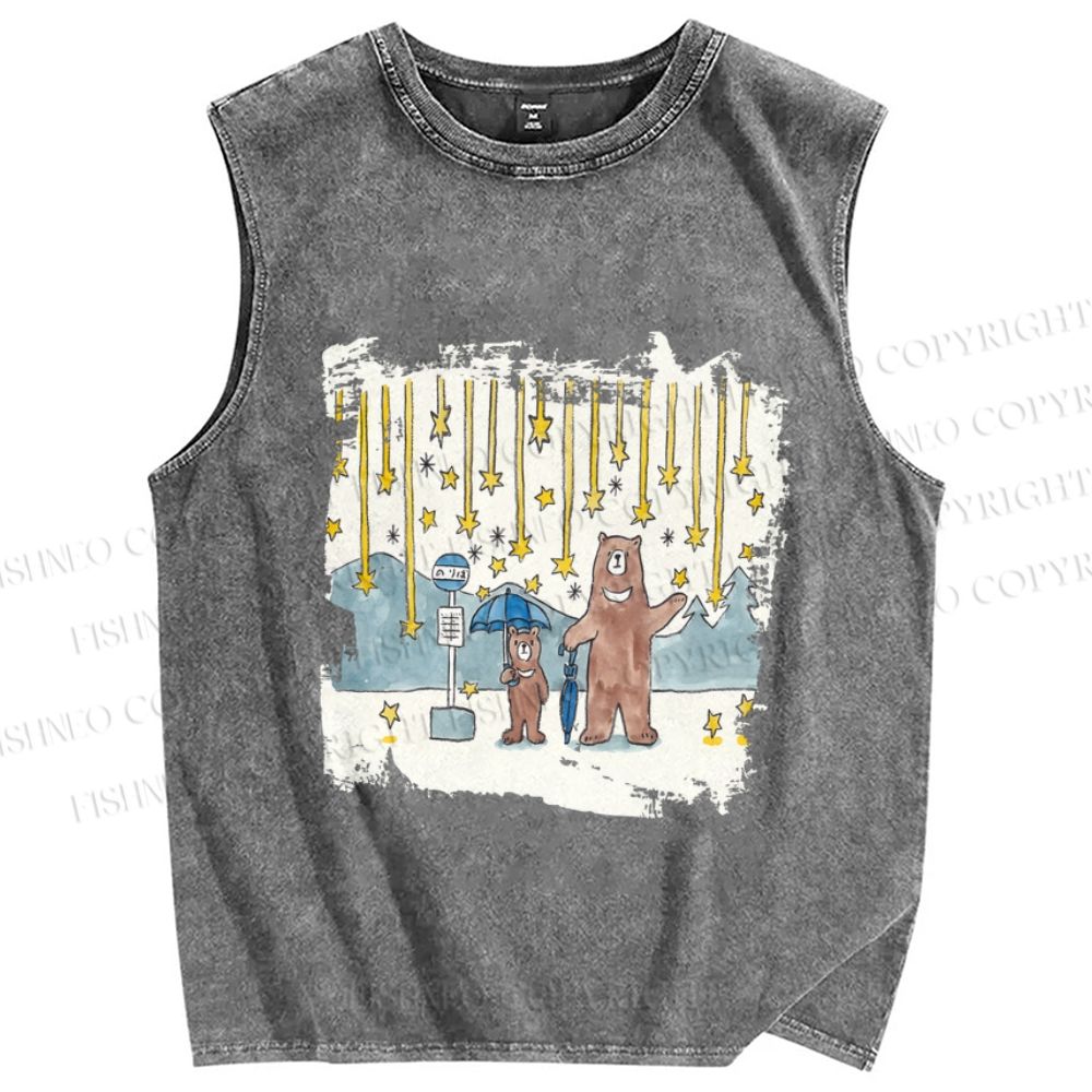 Unisex Bears Catch a Star Rain Printed Washed Tank Top