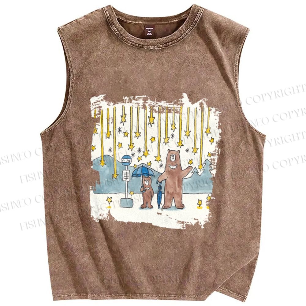Unisex Bears Catch a Star Rain Printed Washed Tank Top