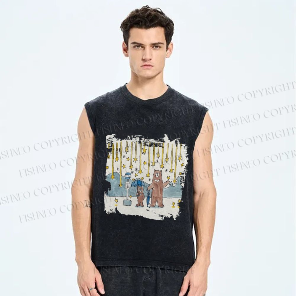 Unisex Bears Catch a Star Rain Printed Washed Tank Top