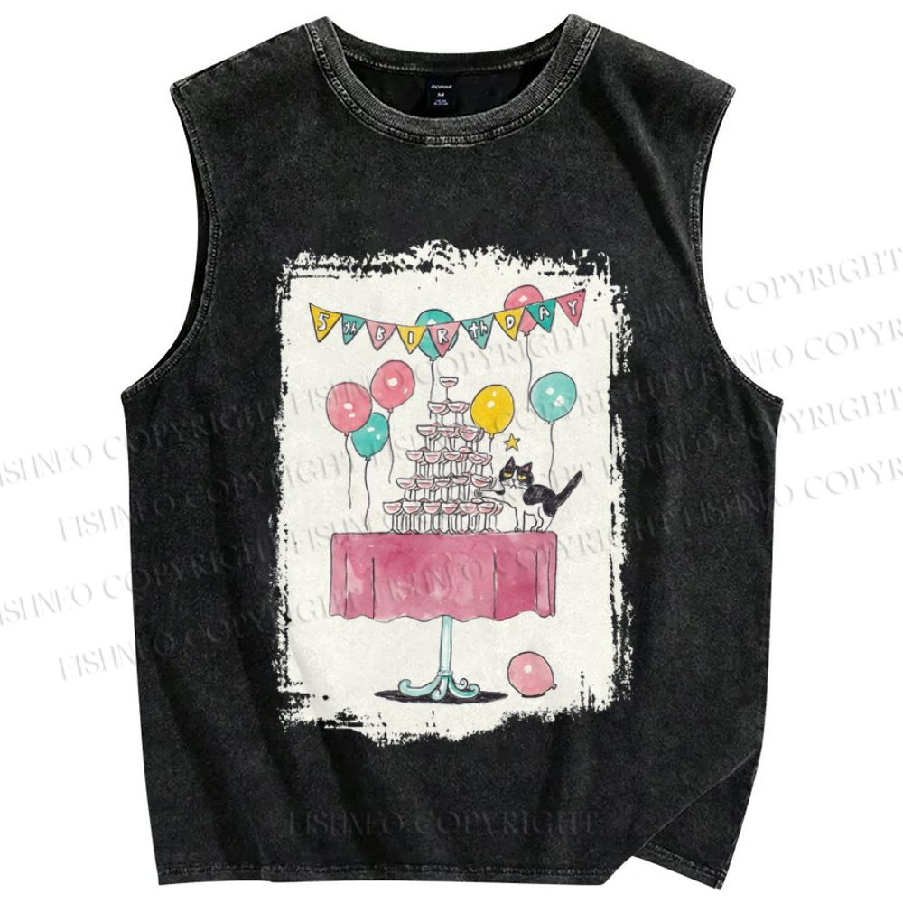 Unisex Tuxedo Cat Having a Party Printed Washed Tank Top