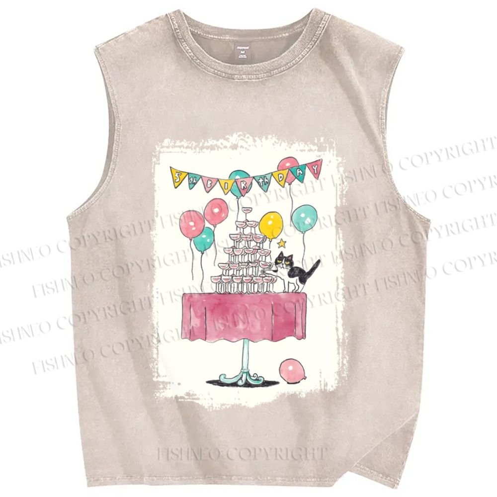 Unisex Tuxedo Cat Having a Party Printed Washed Tank Top