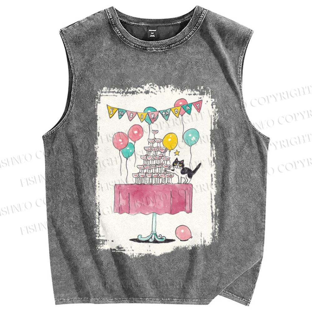 Unisex Tuxedo Cat Having a Party Printed Washed Tank Top