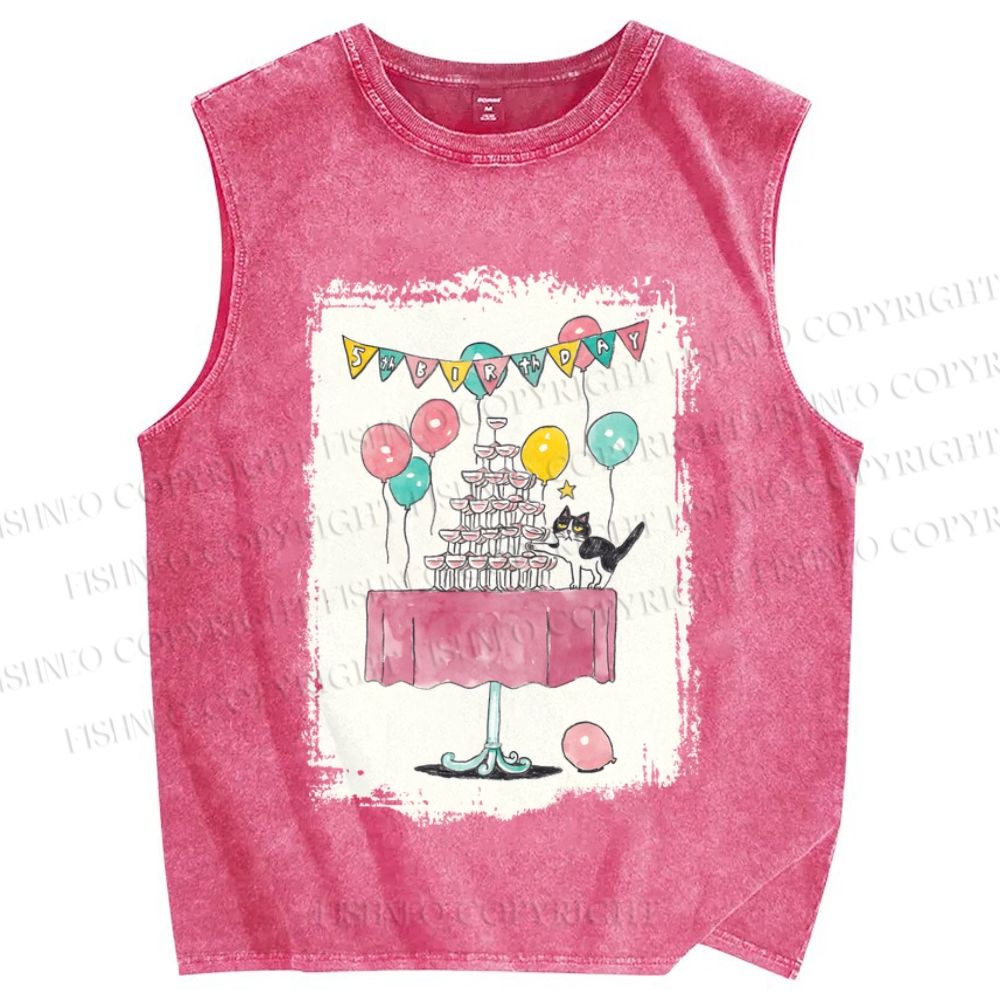Unisex Tuxedo Cat Having a Party Printed Washed Tank Top