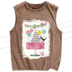 Unisex Tuxedo Cat Having a Party Printed Washed Tank Top