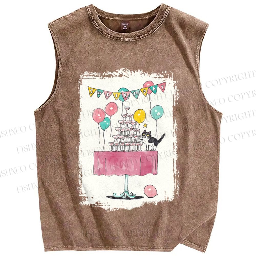Unisex Tuxedo Cat Having a Party Printed Washed Tank Top