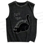 Unisex Are You Interesting  Black Cat Printed Washed Tank Top