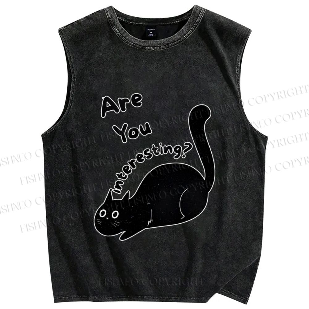Unisex Are You Interesting  Black Cat Printed Washed Tank Top