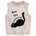 Unisex Are You Interesting  Black Cat Printed Washed Tank Top