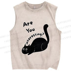 Unisex Are You Interesting  Black Cat Printed Washed Tank Top