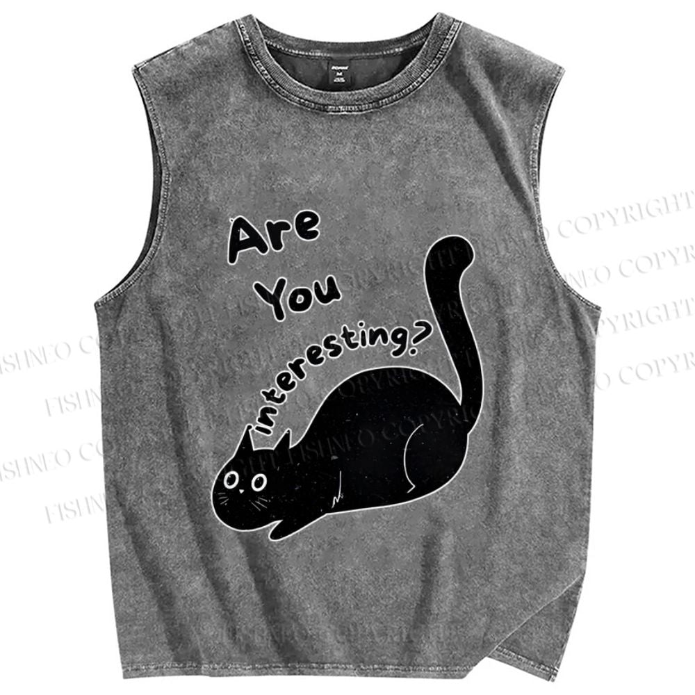Unisex Are You Interesting  Black Cat Printed Washed Tank Top
