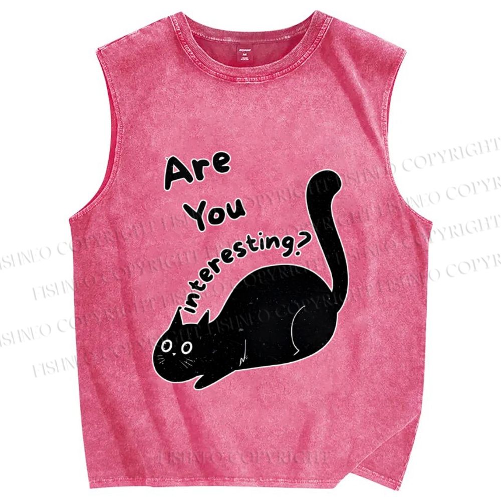 Unisex Are You Interesting  Black Cat Printed Washed Tank Top