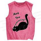 Unisex Are You Interesting  Black Cat Printed Washed Tank Top