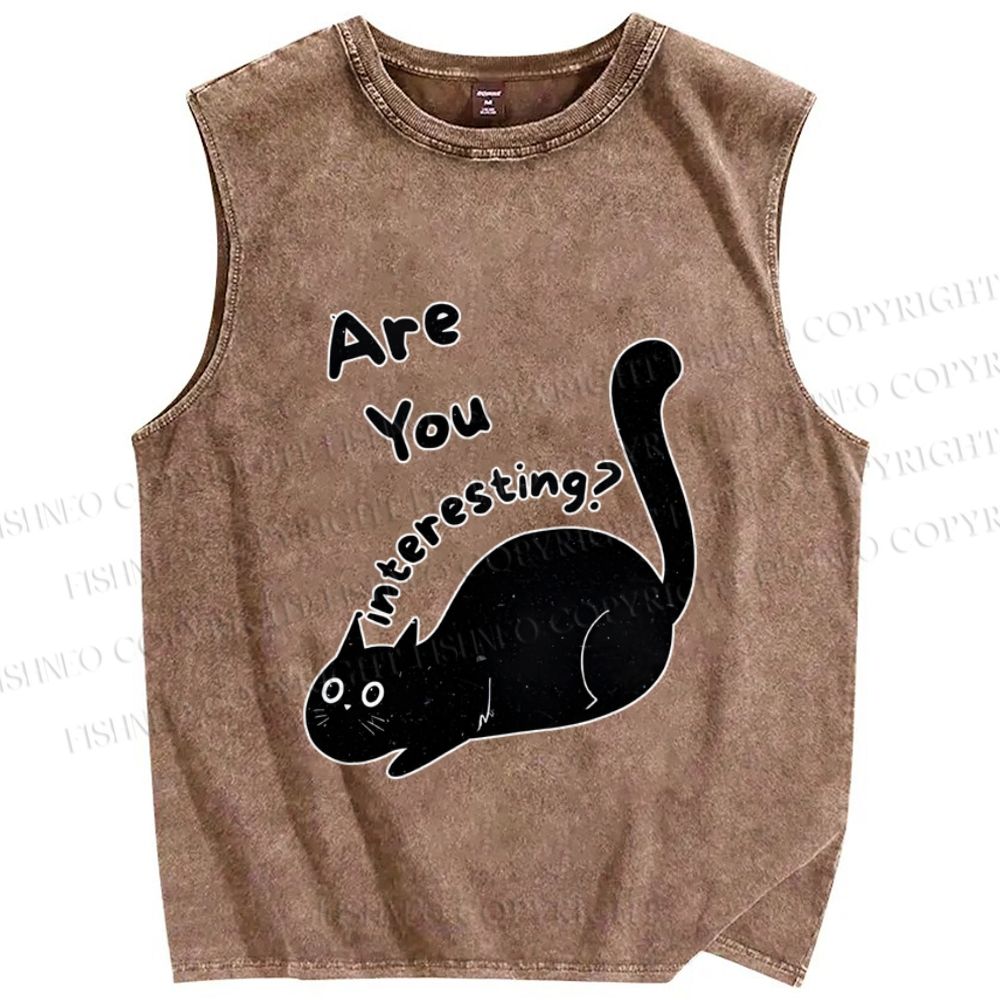 Unisex Are You Interesting  Black Cat Printed Washed Tank Top