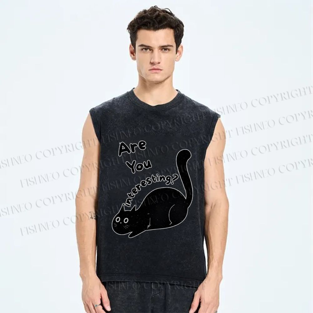 Unisex Are You Interesting  Black Cat Printed Washed Tank Top