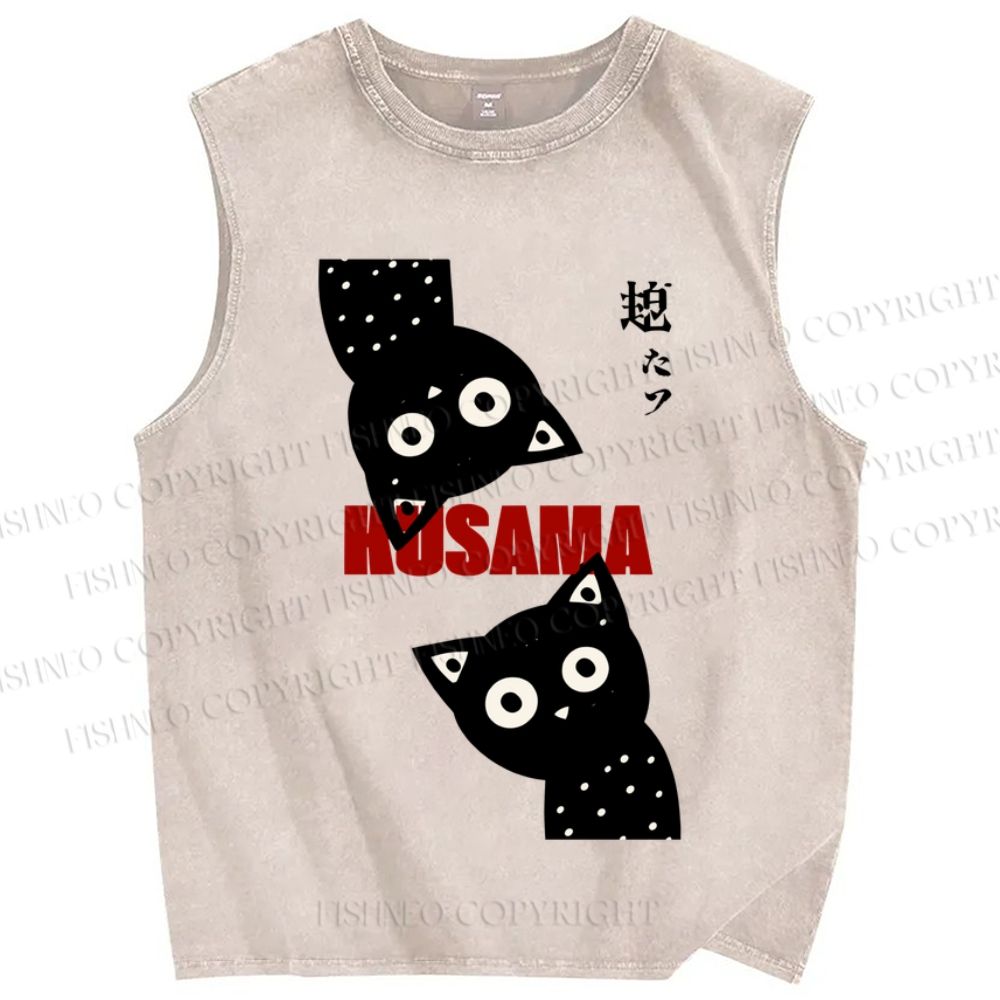 Unisex Japanese Yayoi Kusama Black Cat Printed Washed Tank Top