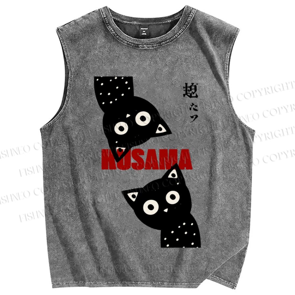 Unisex Japanese Yayoi Kusama Black Cat Printed Washed Tank Top