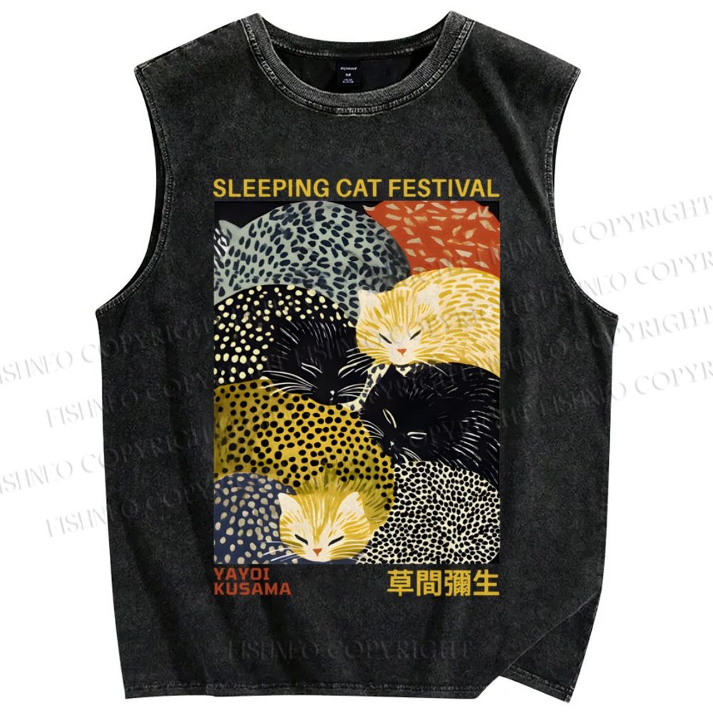 Unisex Japanese Yayoi Kusama Sleeping Cat Festival Printed Washed Tank Top