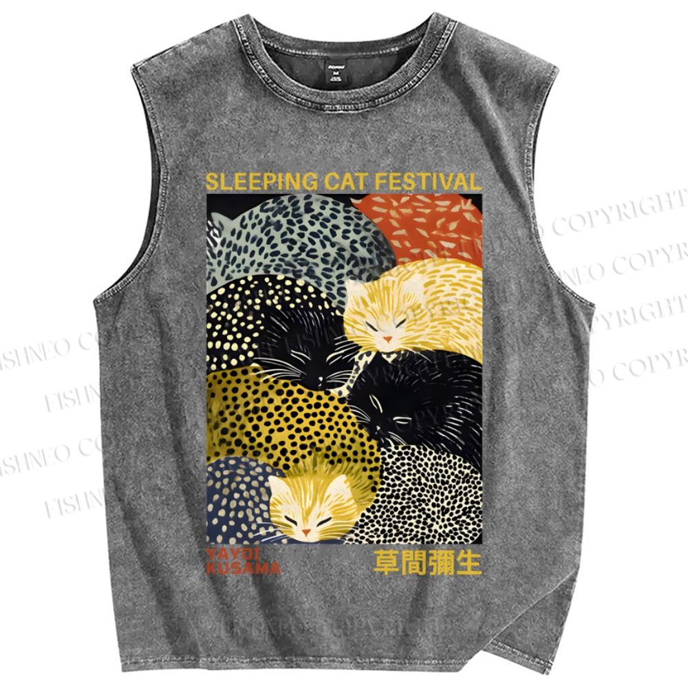 Unisex Japanese Yayoi Kusama Sleeping Cat Festival Printed Washed Tank Top