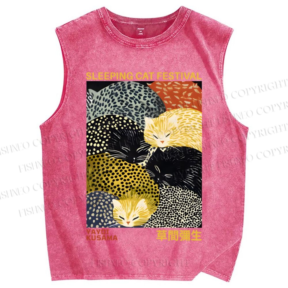 Unisex Japanese Yayoi Kusama Sleeping Cat Festival Printed Washed Tank Top