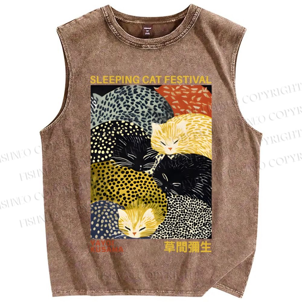 Unisex Japanese Yayoi Kusama Sleeping Cat Festival Printed Washed Tank Top