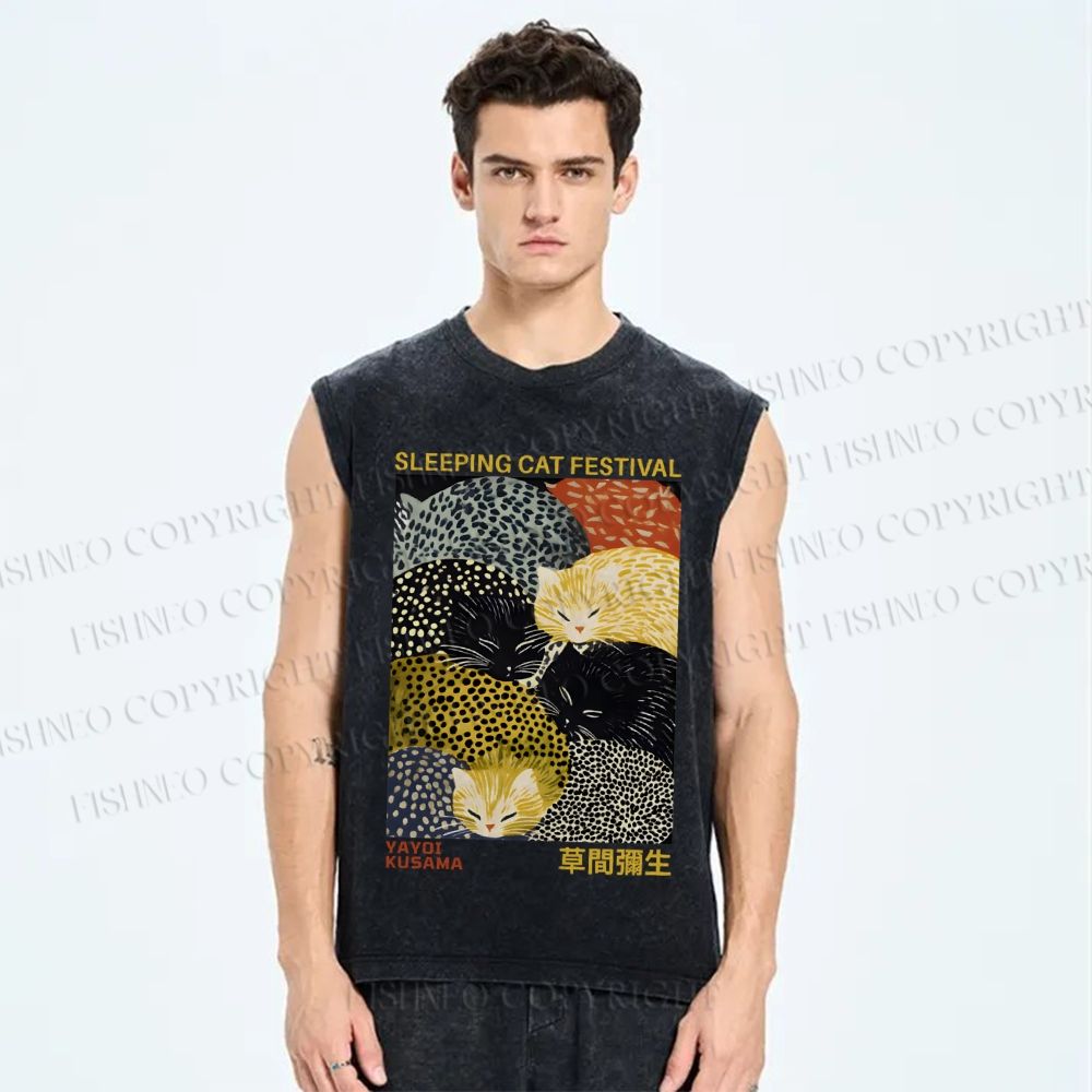 Unisex Japanese Yayoi Kusama Sleeping Cat Festival Printed Washed Tank Top