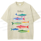 Unisex Colorful Cartoon Sardines Printed Washed Tee