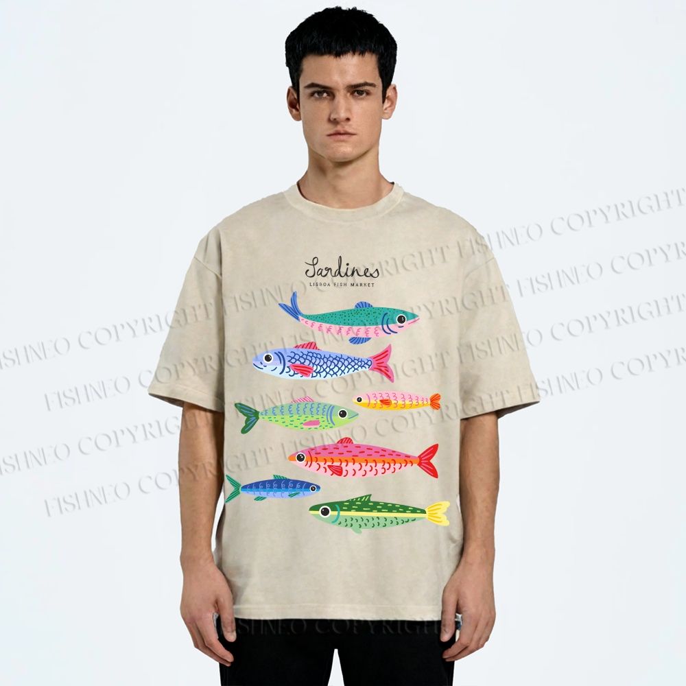 Unisex Colorful Cartoon Sardines Printed Washed Tee