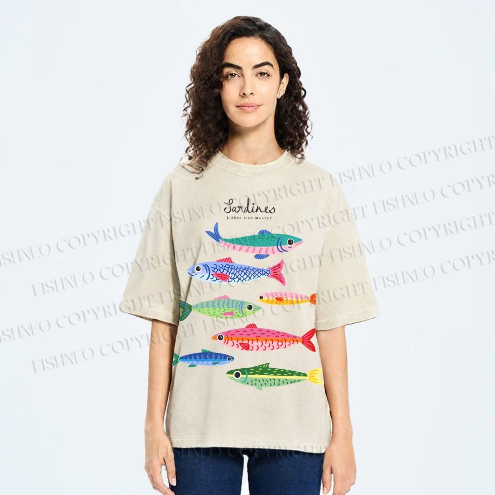 Unisex Colorful Cartoon Sardines Printed Washed Tee