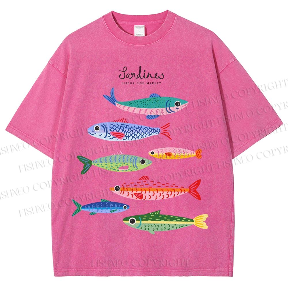 Unisex Colorful Cartoon Sardines Printed Washed Tee