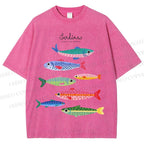 Unisex Colorful Cartoon Sardines Printed Washed Tee