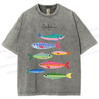 Unisex Colorful Cartoon Sardines Printed Washed Tee