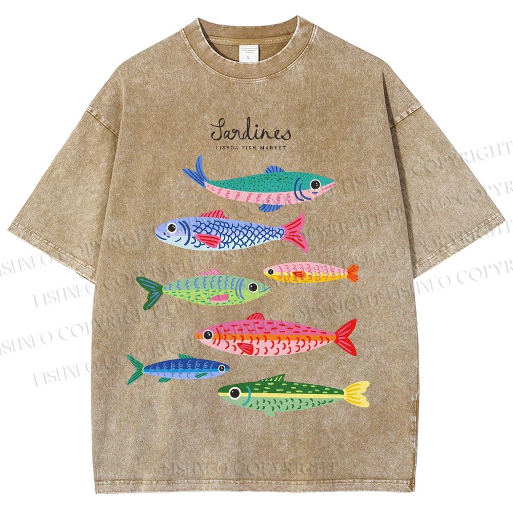 Unisex Colorful Cartoon Sardines Printed Washed Tee
