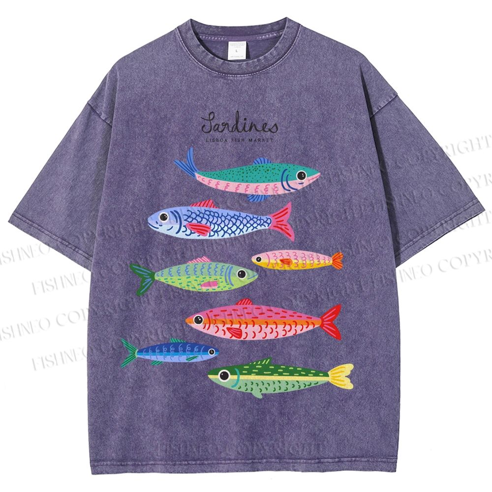 Unisex Colorful Cartoon Sardines Printed Washed Tee