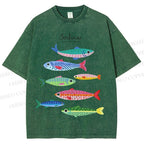 Unisex Colorful Cartoon Sardines Printed Washed Tee