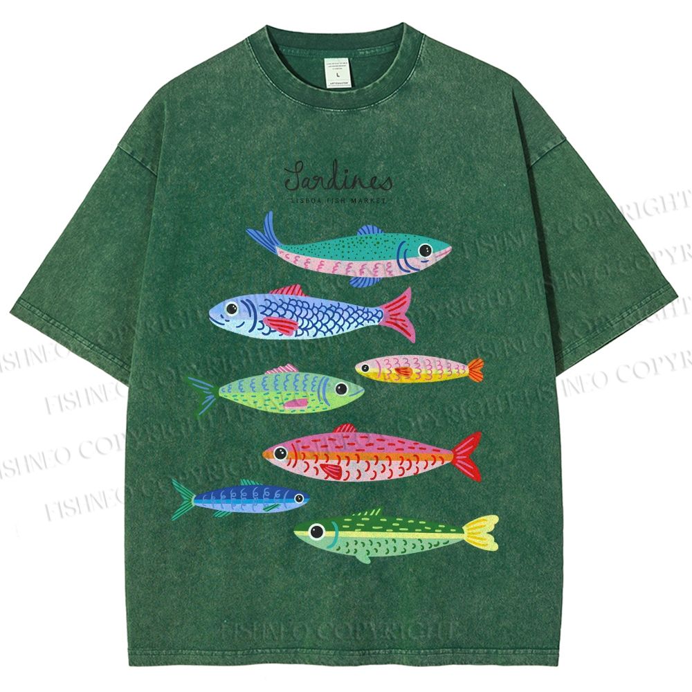 Unisex Colorful Cartoon Sardines Printed Washed Tee